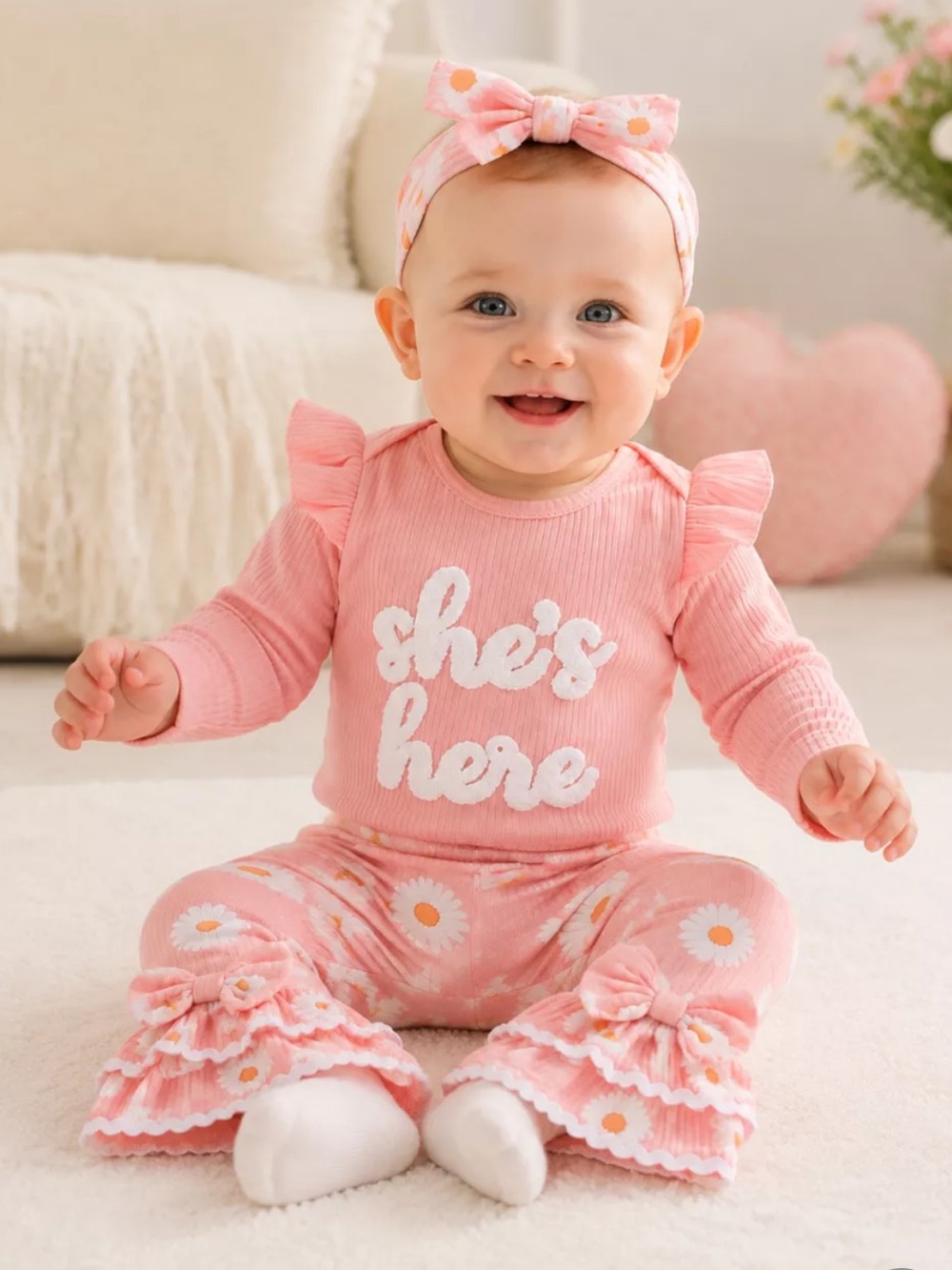 ⭐️ Pink Baby Girl Daisy Ruffle Outfit 3 Piece Set
